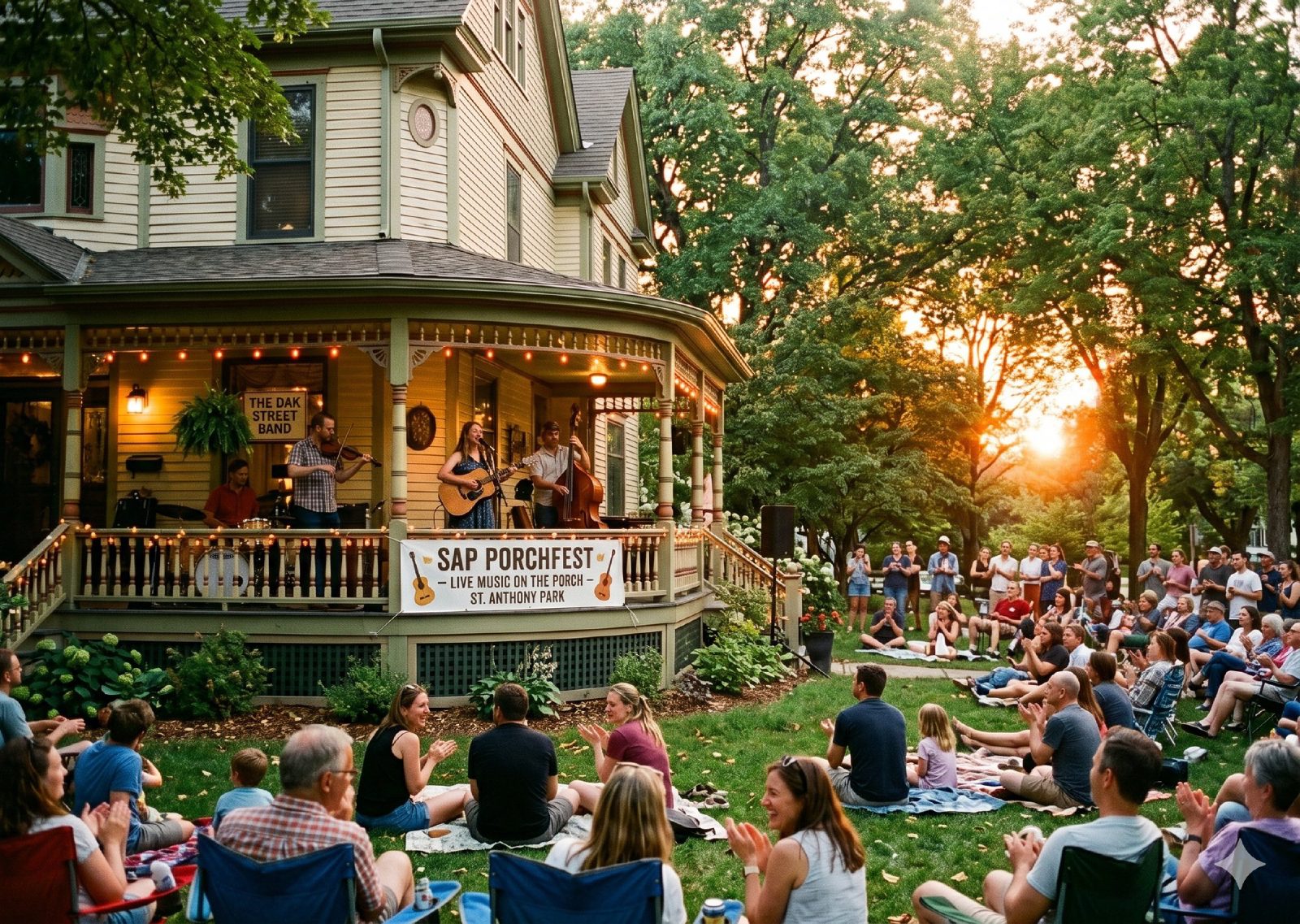 Neighbors gathered around a front porch to watch a live performance at SAP Porchfest.
